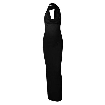 BerryBetty - Ruched slit halter ribbed backless cowl neck solid maxi dress