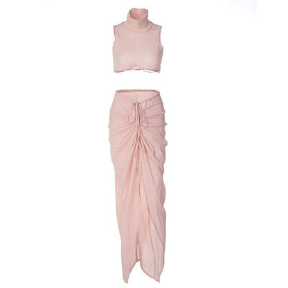 BerryBetty - Slit textured sleeveless high neck ruched solid maxi skirt set