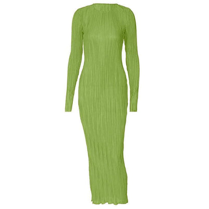 BerryBetty - Long sleeve crewneck ruffle textured solid maxi dress