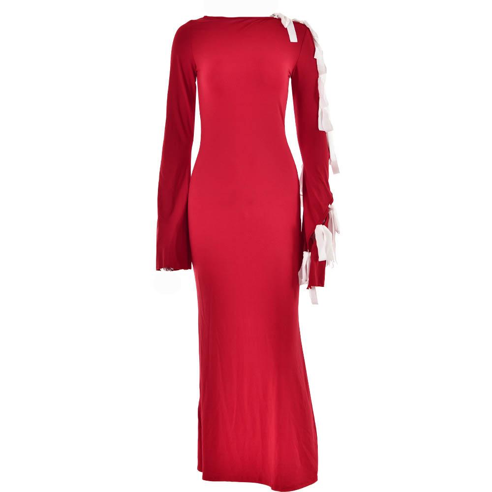 BerryBetty - Self tie irregular contrast long sleeve slit maxi dress