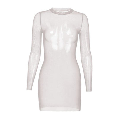 BerryBetty - Sheer mesh see through solid long sleeve mini bodycon dress