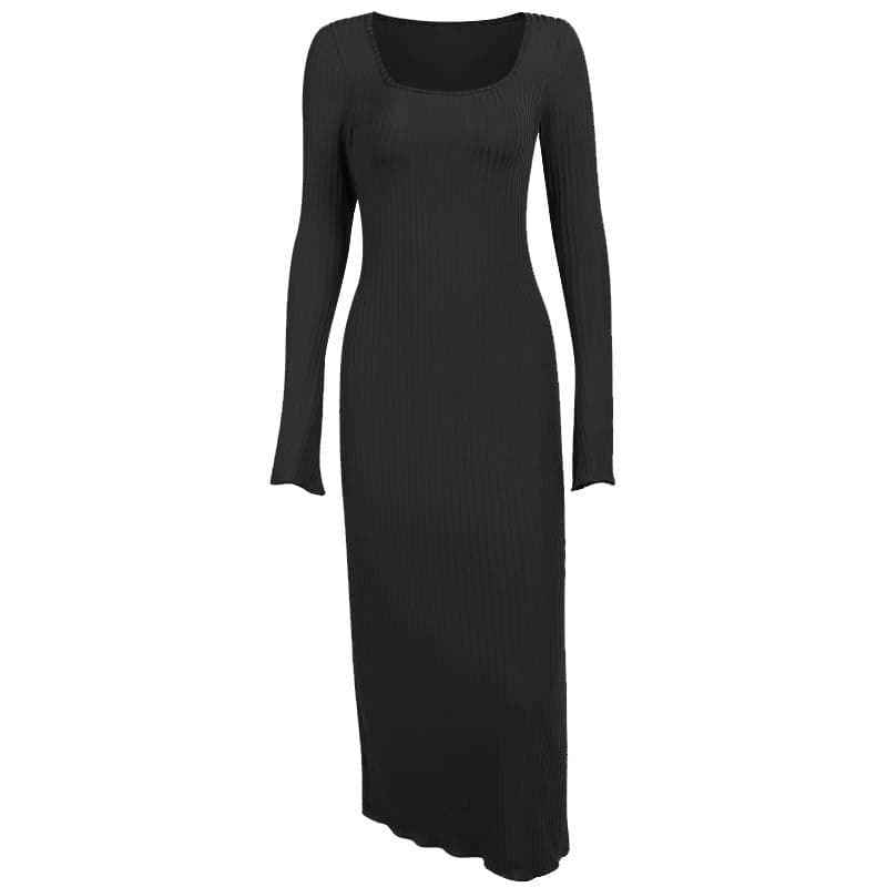 BerryBetty - Ribbed long flared sleeve solid square neck ruffle maxi dress