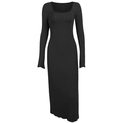 BerryBetty - Ribbed long flared sleeve solid square neck ruffle maxi dress