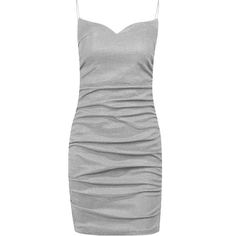 BerryBetty - Textured spaghetti strap v neck ruched mini dress - Final Sale