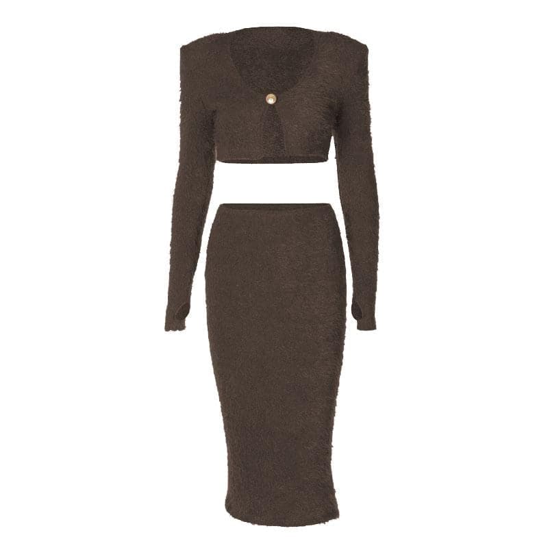 BerryBetty - Textured button long sleeve gloves midi skirt set