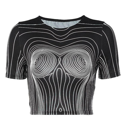 BerryBetty - Short sleeve round neck contrast abstract print crop top
