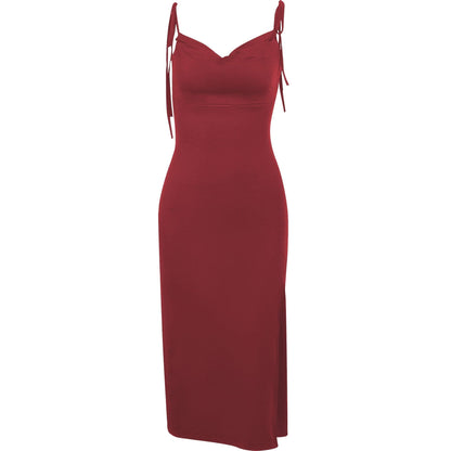 BerryBetty - Cowl neck solid slit backless self tie ruched midi dress