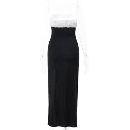 BerryBetty - Fluffy contrast slit backless zip-up tube midi dress