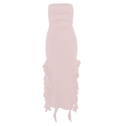 BerryBetty - Solid slit irregular ruffle ribbon backless tube midi dress