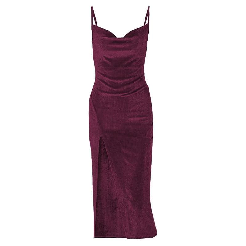 BerryBetty - Sleeveless velvet slit cowl neck backless cami midi dress