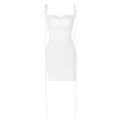 BerryBetty - Ruched backless cowl neck solid self tie mini dress