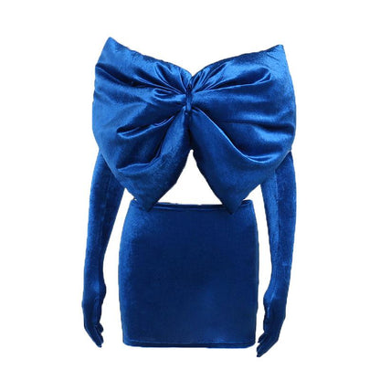 BerryBetty - Bowknot solid velvet gloves backless 2 piece tube skirt set