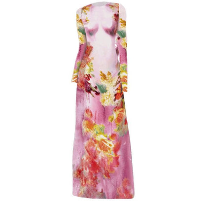 BerryBetty - Long sleeve crewneck flower print contrast maxi dress