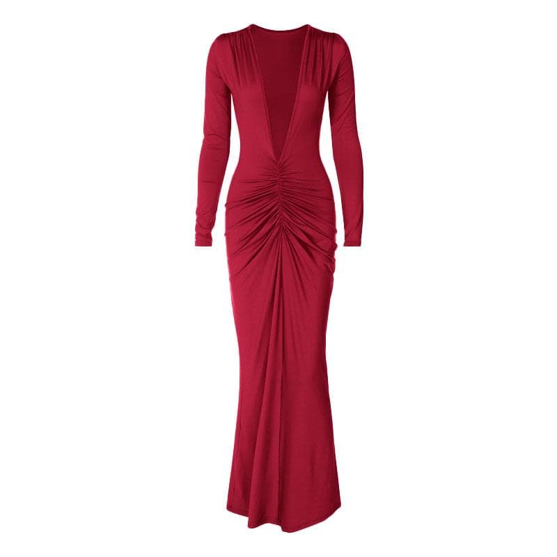 BerryBetty - Ruched long sleeve v neck solid 2-way maxi dress