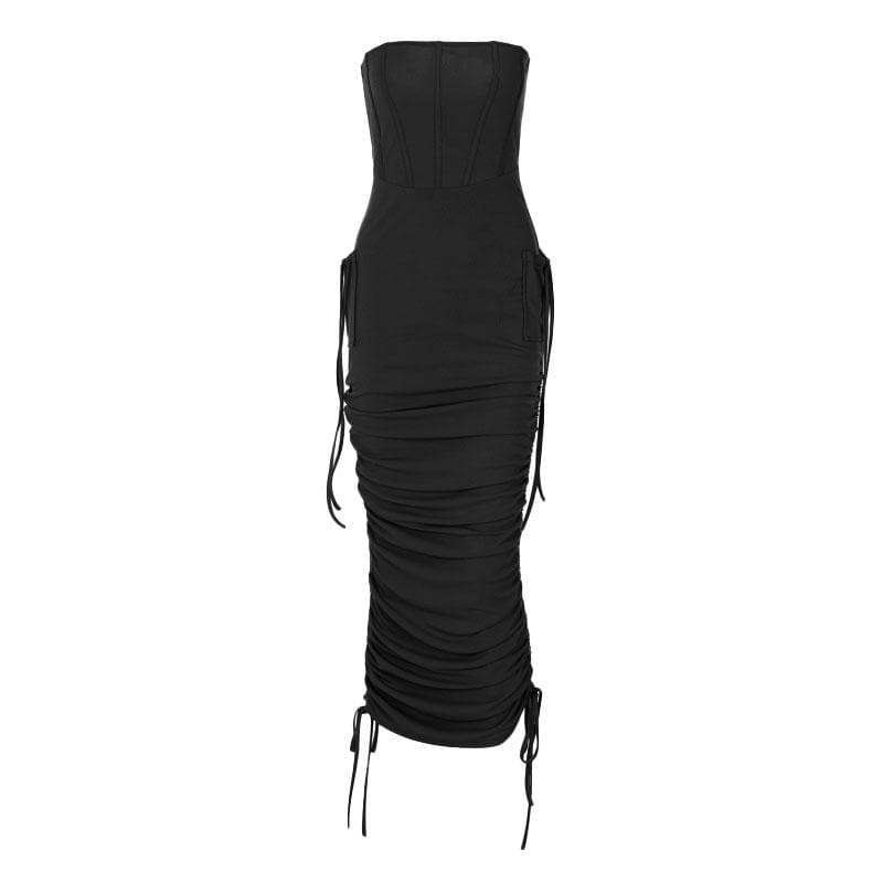 BerryBetty - Ruched backless solid drawstring tube midi dress