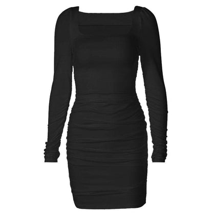 BerryBetty - Long sleeve solid square neck ruched mini dress