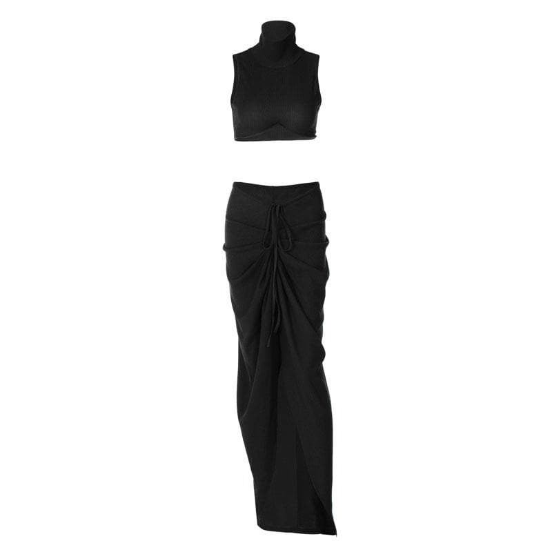 BerryBetty - Slit textured sleeveless high neck ruched solid maxi skirt set