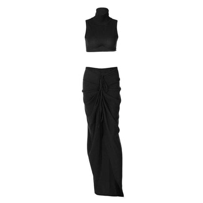 BerryBetty - Slit textured sleeveless high neck ruched solid maxi skirt set