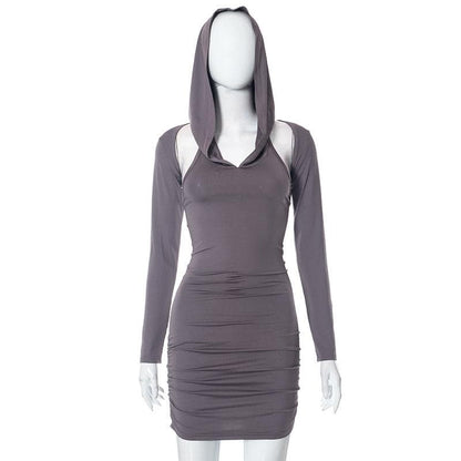 BerryBetty - Hoodie ruched shrug long sleeve solid mini dress