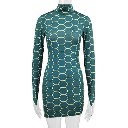 BerryBetty - Backless o ring contrast print high neck long sleeve mini dress