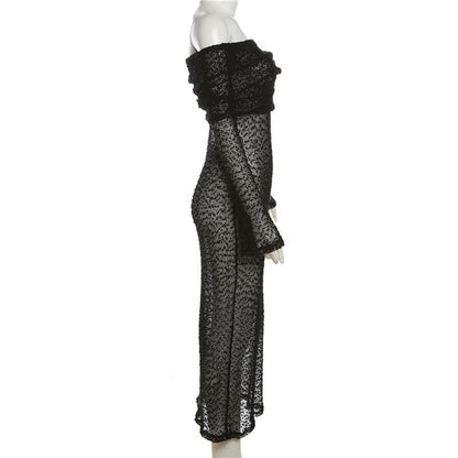 BerryBetty - Textured glitter off shoulder long sleeve see through maxi dress