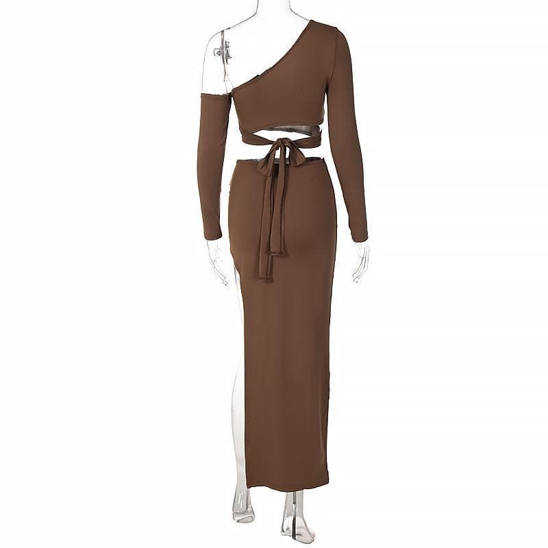 BerryBetty - Asymmetrical solid long sleeve self tie skirt set