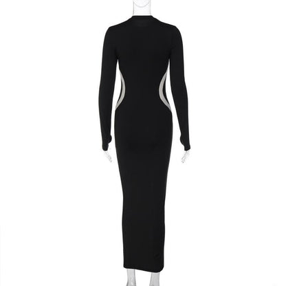 BerryBetty - Gloves contrast long sleeve crewneck maxi dress