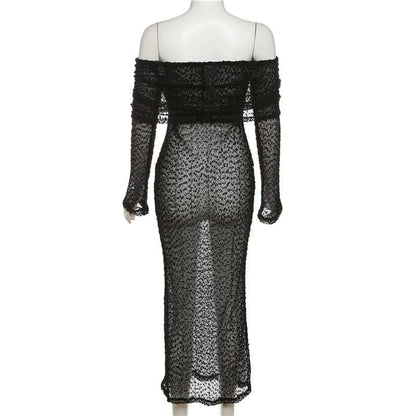 BerryBetty - Textured glitter off shoulder long sleeve see through maxi dress