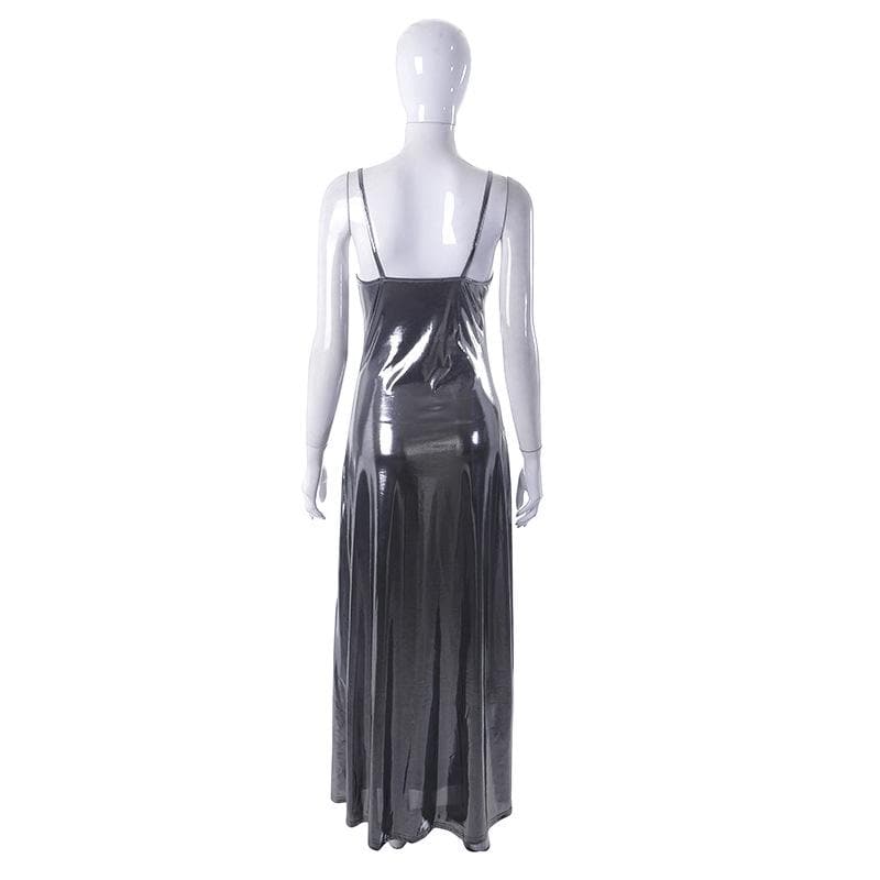 BerryBetty - Metallic v neck backless solid low cut cami maxi dress