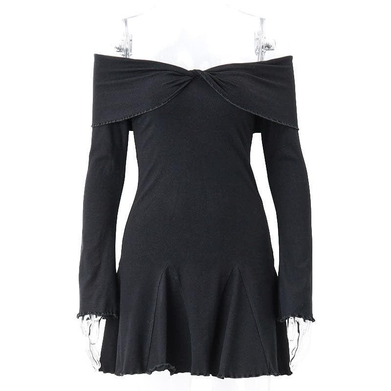 BerryBetty - Long sleeve ruffle off shoulder solid ruched mini dress