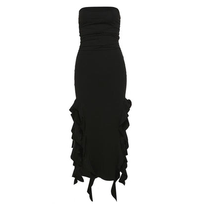 BerryBetty - Solid slit irregular ruffle ribbon backless tube midi dress