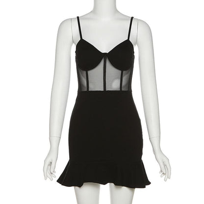 BerryBetty - Ruffled ruched mesh see-through cami mini dress