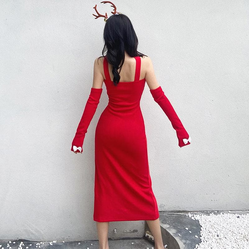 BerryBetty - Solid halter bowknot applique slit gloves midi dress