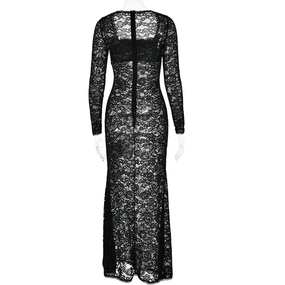 BerryBetty - Lace see through square neck long sleeve zip-up solid maxi dress