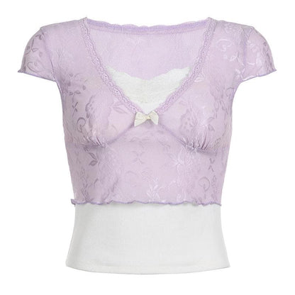 BerryBetty - Lace contrast patchwork cap sleeve ruffle crop top