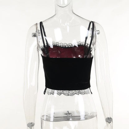 BerryBetty - Backless lace patchwork ruffle contrast cami crop top
