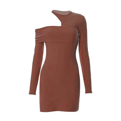 BerryBetty - Irregular off shoulder ribbed solid ribbed long sleeve mini dress