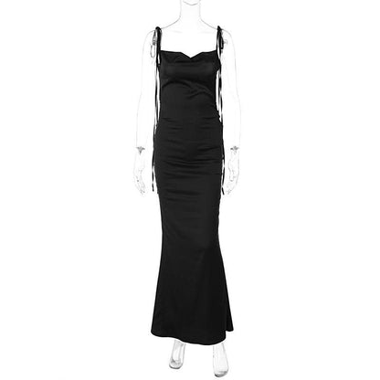 BerryBetty - Satin backless solid cowl neck lace up sleeveless maxi dress