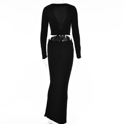 BerryBetty - Long sleeve solid v neck hollow out self tie maxi dress