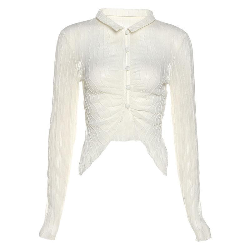 Ruffled mesh turnover collar buttoned crop top - Halibuy