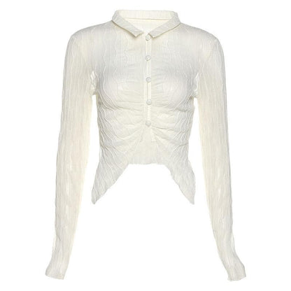 Ruffled mesh turnover collar buttoned crop top - Halibuy