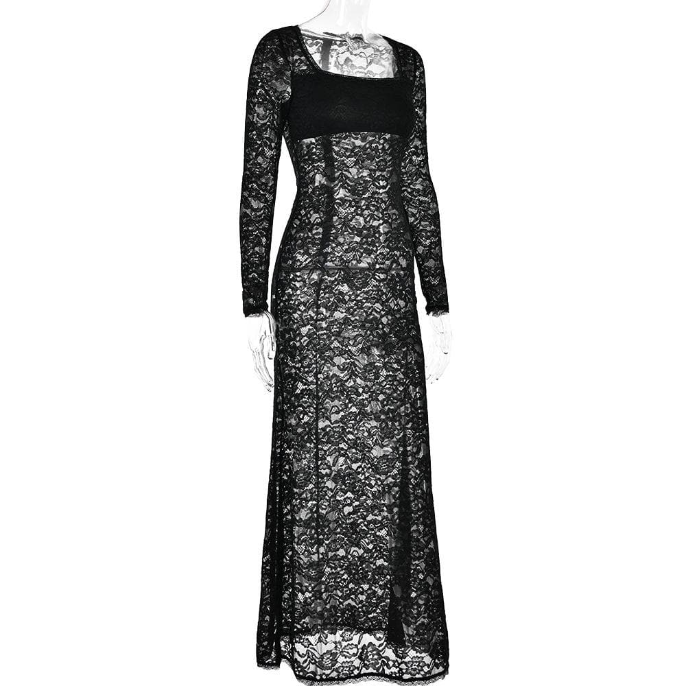 BerryBetty - Lace see through square neck long sleeve zip-up solid maxi dress