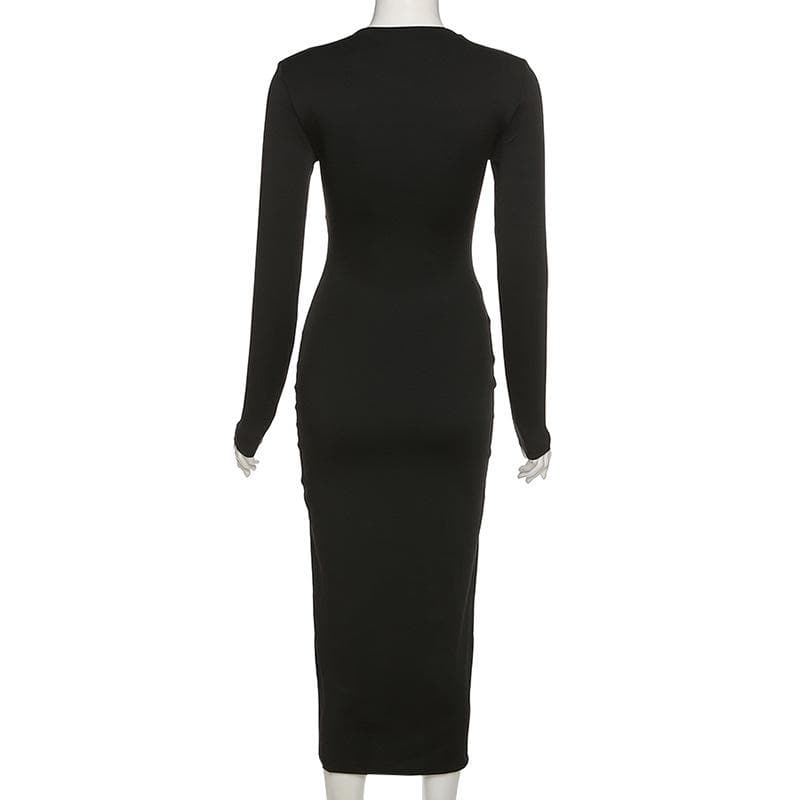 BerryBetty - Cross front long sleeve slit notch neck solid midi dress