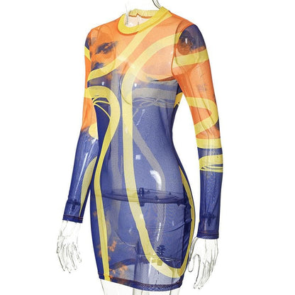 BerryBetty - Sheer mesh see through long sleeve contrast crewneck mini dress