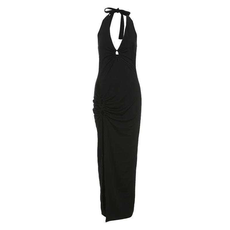 V neck hollow out ring slit solid maxi dress - Halibuy