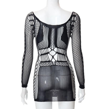 BerryBetty - Fishnet long sleeve hollow out see through mini dress
