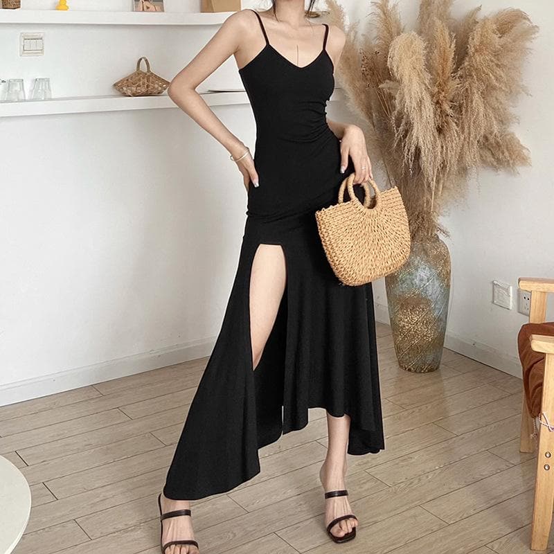 BerryBetty - Slit v neck solid irregular ruched cami maxi dress