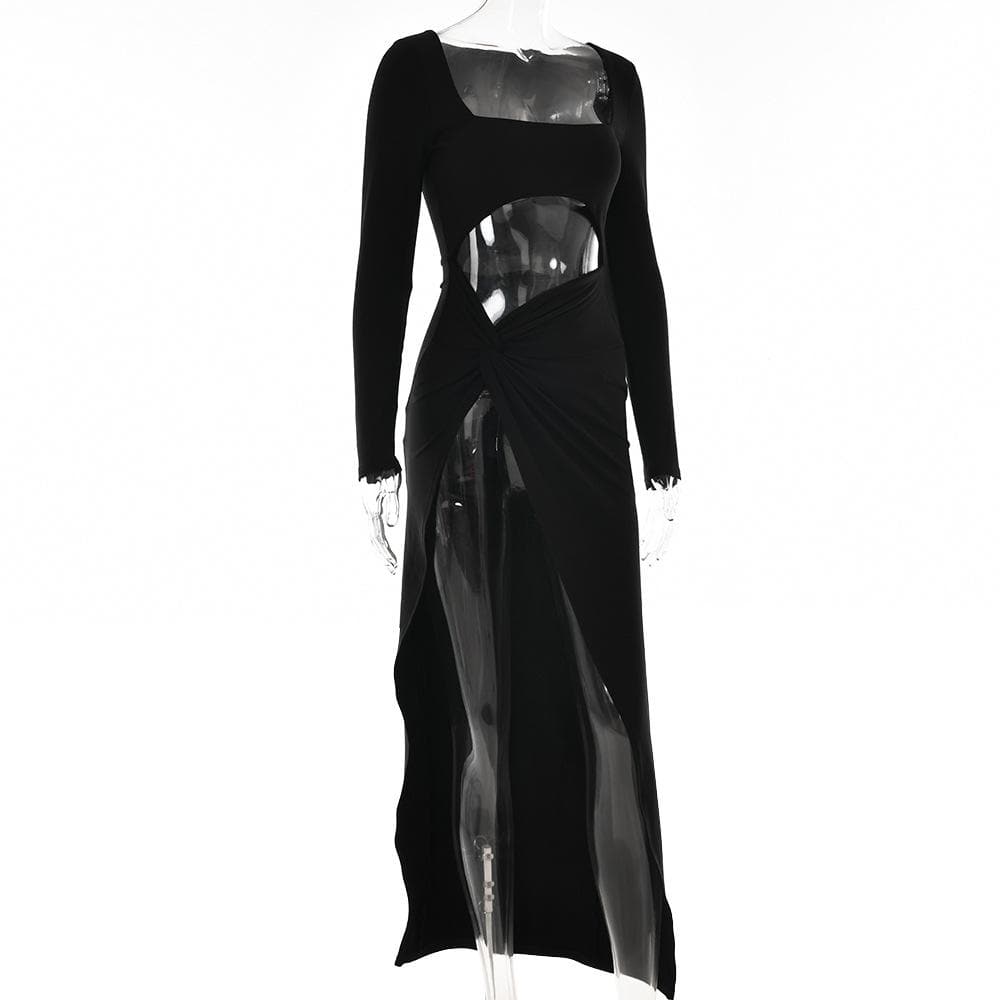 BerryBetty - Long sleeve solid hollow out ruched slit knotted midi dress