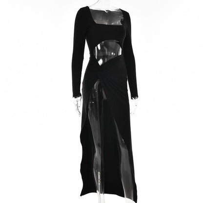 BerryBetty - Long sleeve solid hollow out ruched slit knotted midi dress