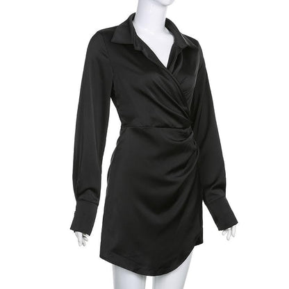 BerryBetty - Satin zip-up solid long sleeve turnover collar ruched mini dress